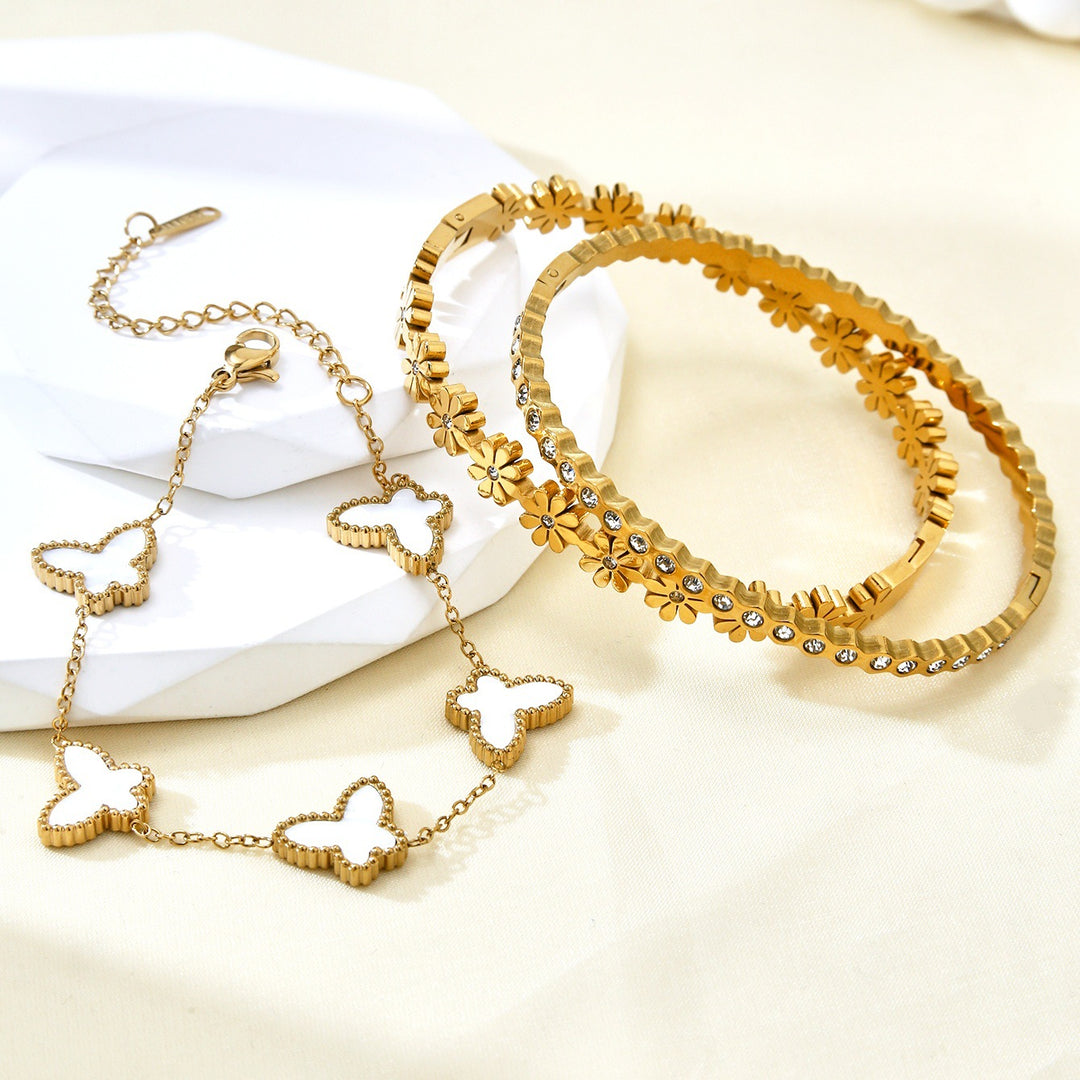 Flora | 18K Floral Butterfly Gold Plated Bangle Set